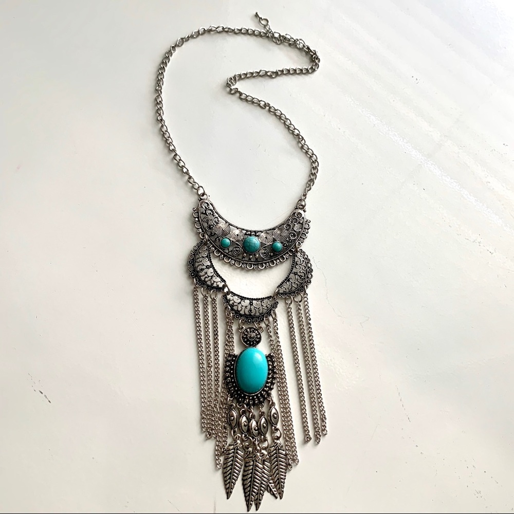 Boho Statement Collar Bib Necklace with faux turquoise stone + silver feathers